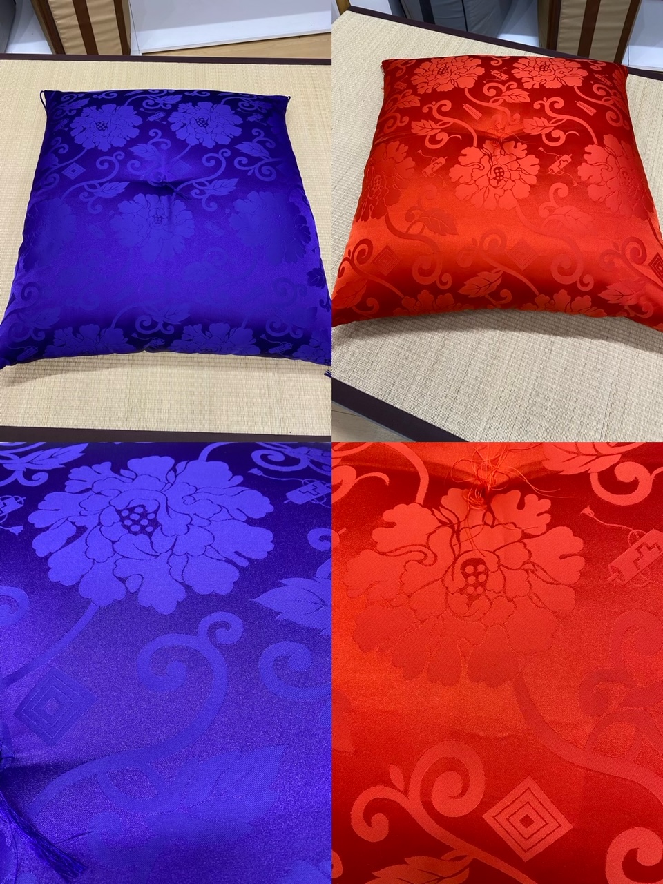 <span style='color:#606060;'>こちらは緞子織の唐草模様の座布団です。<br>色は、朱色と紫色の２種類です。<br></span>サイズ：緞子判(どんすばん)６３×６７cm<br>生　地：ポリエステル100%<br>中わた：綿100%<br>価　格：￥11,000(税込)<br>